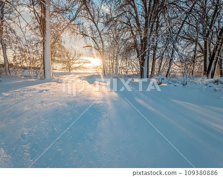 Country winter landscape at sunset 109380886