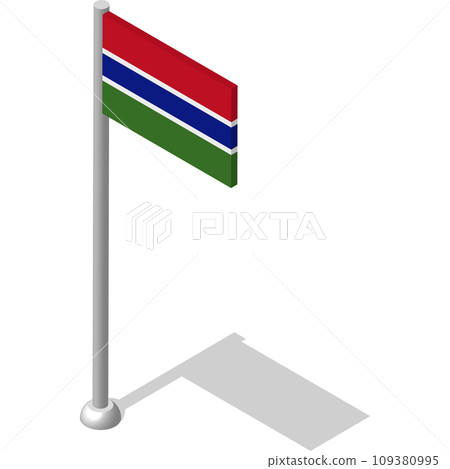 Isometric flag of GAMBIA in static position on flagpole. National banner of country in static, even position. PNG image on transparent background 109380995