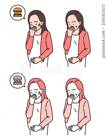 illustration of a woman who experiences morning sickness during pregnancy 109381023