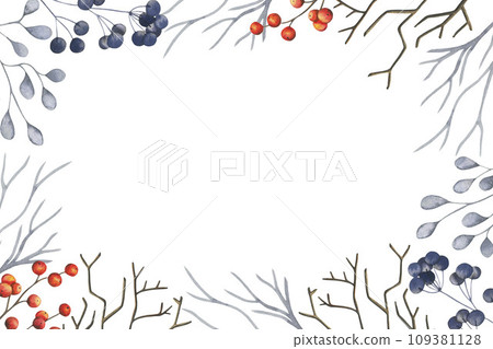 Winter watercolor horizontal frame with abstract branches with berries red and blue. Botanical collection of herbs. Hand drawn illustration isolated on white. Good for Christmas decor and new year Winter watercolor horizontal frame with abstract branches with berries red and blue. Botanical collection of herbs. Hand drawn illustration isolated on white. Good for Christmas decor and new year 109381128