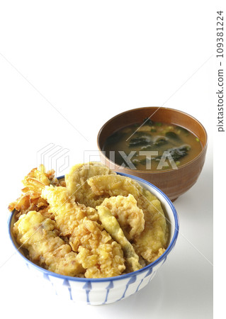 A tempura bowl with lots of ingredients such as shrimp, chikuwa, green beans, pumpkin, sweet potato, and lotus root, and miso soup. 109381224