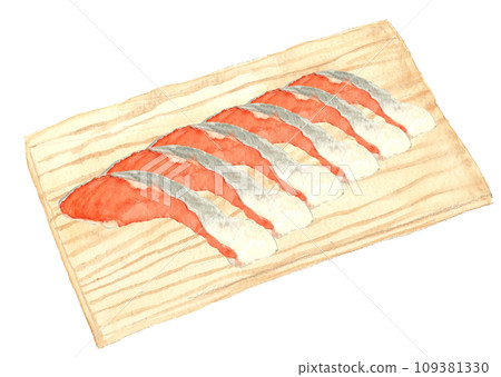 6 pieces of salmon fillets on a cutting board painted in watercolor, hand-painted] White background, transparent background 109381330