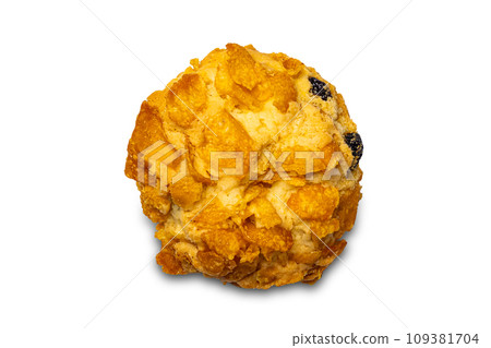 Top view or flat lay of delecious homemade crispy corn flakes cookies. 109381704