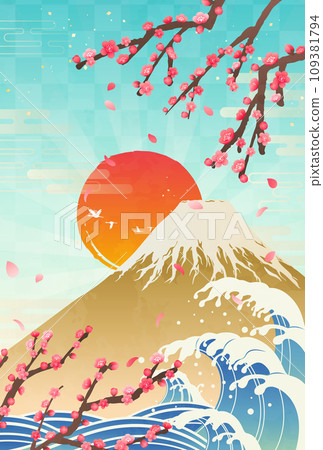 梅花和富士山的日出插圖_垂直 1 109381794