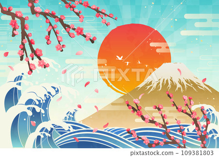 梅花和富士山的日出插畫_Horizontal 2 109381803