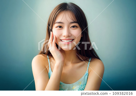 一位女士把手放在臉頰上微笑(AI 生成的圖像) 一位女士把手放在臉頰上微笑(AI 生成的圖像) 109382016