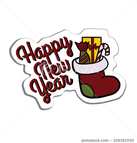 Isolated Christmas and New Year retro style lettering stickers with with festive elements. Red on while background. 109382050
