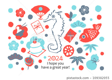 2024 New Year's card Seahorse and New Year's Day 2024 New Year's card Seahorse and New Year's Day 109382055