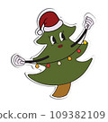 Isolated vector illustration. Antropomorphic Christmas tree in retro cartoon style. Sticker, greeting card, tag, print. 109382109