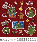 Retro cartoon style Christmas and New Year stickers set. Trees, gifts, stars, gingerbread, wreath, lettering. 109382111