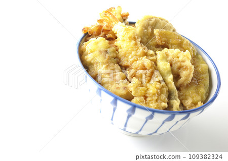 A photo of a tempura bowl with lots of ingredients such as shrimp, chikuwa, green beans, pumpkin, sweet potato, and lotus root on a white background A photo of a tempura bowl with lots of ingredients such as shrimp, chikuwa, green beans, pumpkin, sweet potato, and lotus root on a white background 109382324