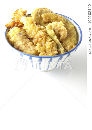 A photo of a tempura bowl with lots of ingredients such as shrimp, chikuwa, green beans, pumpkin, sweet potato, and lotus root on a white background A photo of a tempura bowl with lots of ingredients such as shrimp, chikuwa, green beans, pumpkin, sweet potato, and lotus root on a white background 109382340