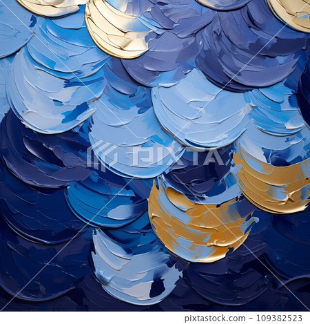 抽象背景油畫方形橫幅）藍色、淺藍色和金色三維魚鱗風格圖案。 AI生成影像 109382523