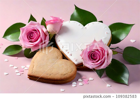 Composition of gingerbread valentines and roses. Composition of gingerbread valentines and roses. 109382583