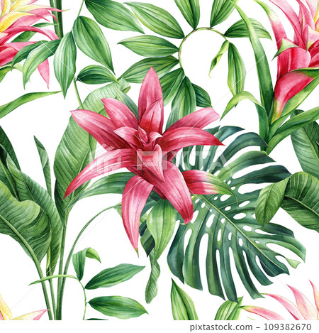 Tropical seamless pattern, Leaves and flowers, tropic plants on white background, watercolor botanical illustration Tropical seamless pattern, Leaves and flowers, tropic plants on white background, watercolor botanical illustration 109382670