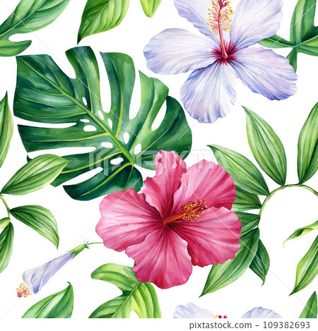 Tropical hibiscus flowers and Palm leaves on white background, Watercolor botanical plants. Seamless patterns. 109382693