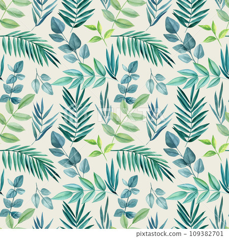 Tropical seamless pattern with leaves and flowers. Floral design for fabric, decor. Watercolor illustrations 109382701