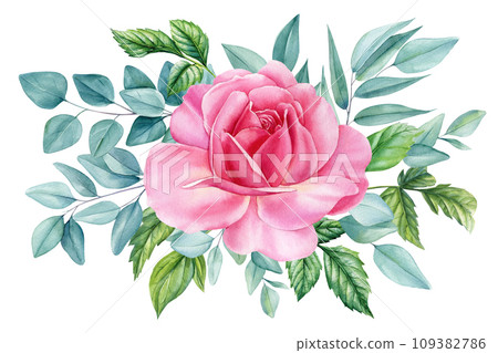 Bouquet of flower rose, eucalyptus, leaves of elegant greenery, Watercolor botanical illustration. Floral design 109382786