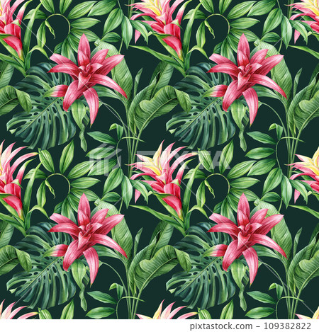 Tropical seamless pattern, Leaves and flowers, tropic plants on white background, watercolor botanical illustration 109382822