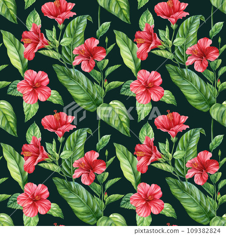 Tropical seamless pattern, Leaves and red flowers, tropic plants on white background, watercolor botanical illustration 109382824
