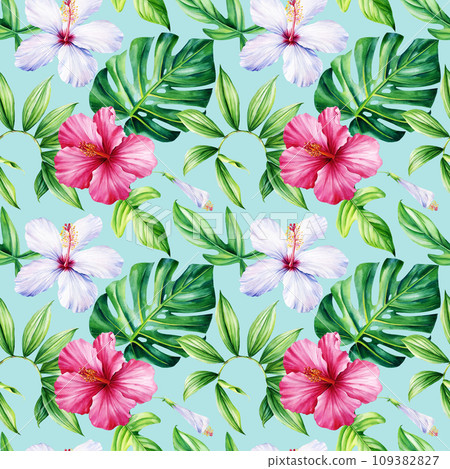 Tropical hibiscus flowers and Palm leaves on blue background, Watercolor botanical plants. Seamless patterns. 109382827