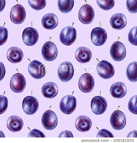 Seamless pattern with Plum. Botanical background, design for paper, cover, fabric, decor. Watercolor hand drawn fruit Seamless pattern with Plum. Botanical background, design for paper, cover, fabric, decor. Watercolor hand drawn fruit 109382850