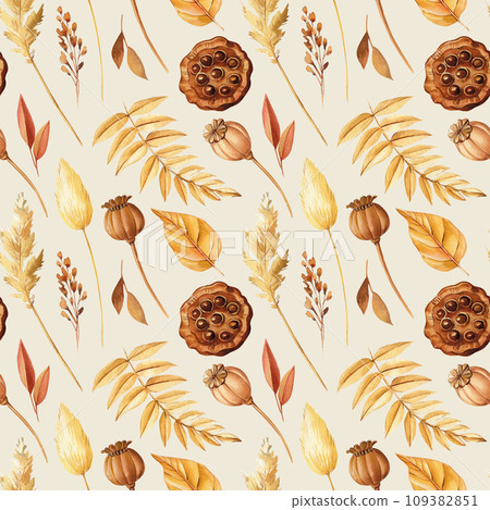 Autumn seamless background with dry leaves, poppy and lotus seed watercolor. Design for paper, cover, fabric, decor 109382851