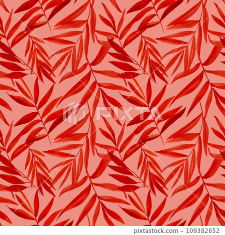 Abstract red leaves. Artistic seamless pattern watercolor, tropical flora for textiles and decoration. Hand drawn plants 109382852