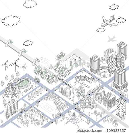 Overhead illustration of a cityscape by the sea (monochrome) 109382867