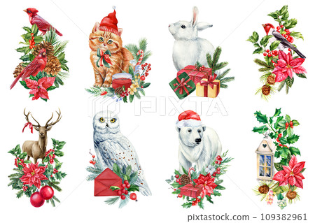 Hand drawn set of Christmas holiday animal, bird and gift, watercolor illustration isolated on white background. Hand drawn set of Christmas holiday animal, bird and gift, watercolor illustration isolated on white background. 109382961