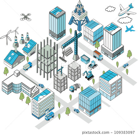 Overhead illustration of a town undergoing urban development (construction site) 109383097