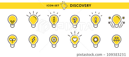 An icon set that represents inspiration such as discovery, realization, and inspiration with light bulbs. An icon set that represents inspiration such as discovery, realization, and inspiration with light bulbs. 109383231