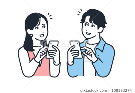 Simple vector illustration set material of young men and women flashing with smartphones Simple vector illustration set material of young men and women flashing with smartphones 109383274