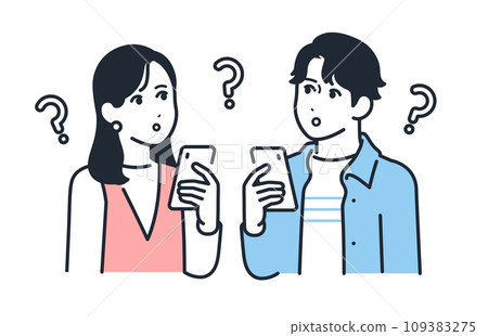 Simple vector illustration set material of young men and women thinking with smartphones 109383275