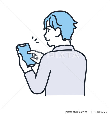 A simple vector illustration of a young man in casual clothes operating a smartphone with a smile 109383277
