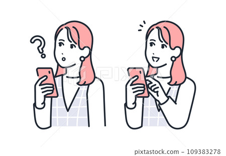 A simple vector illustration set of a young woman with a thinking expression while holding a smartphone and a happy expression with a smile 109383278