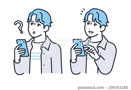 A simple vector illustration set of a young man with a thinking expression while holding a smartphone and a happy expression with a smile A simple vector illustration set of a young man with a thinking expression while holding a smartphone and a happy expression with a smile 109383280