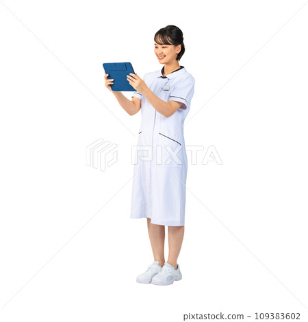 Woman wearing a white coat looking at a tablet, nurse, doctor, full body photo 109383602