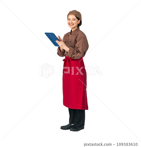 Woman wearing cooking clothes using a tablet, cook, restaurant clerk, cutout full body photo Woman wearing cooking clothes using a tablet, cook, restaurant clerk, cutout full body photo 109383610