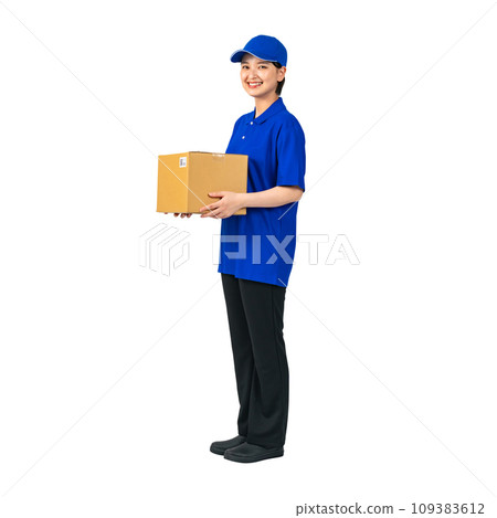 Woman in work clothes holding luggage, delivery staff, worker, cutout full body photo 109383612