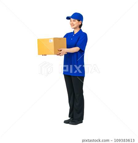 Woman in work clothes holding luggage, delivery staff, worker, cutout full body photo Woman in work clothes holding luggage, delivery staff, worker, cutout full body photo 109383613