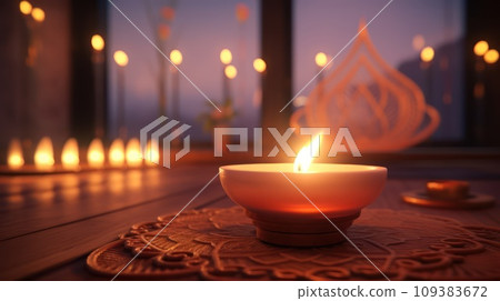 Aromatic candles burns creating coziness and relaxing atmosphere on table in spa procedure salon 109383672