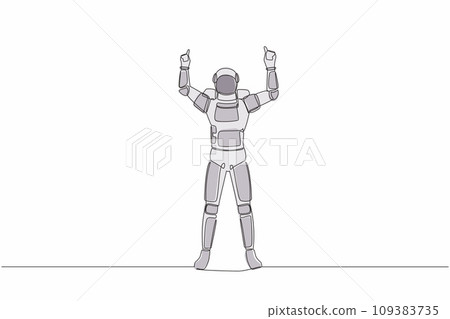 Single continuous line drawing happy astronaut standing with both hand pointing index finger up. Celebrate winning spaceship competition. Cosmonaut deep space. One line draw design vector illustration Single continuous line drawing happy astronaut standing with both hand pointing index finger up. Celebrate winning spaceship competition. Cosmonaut deep space. One line draw design vector illustration 109383735
