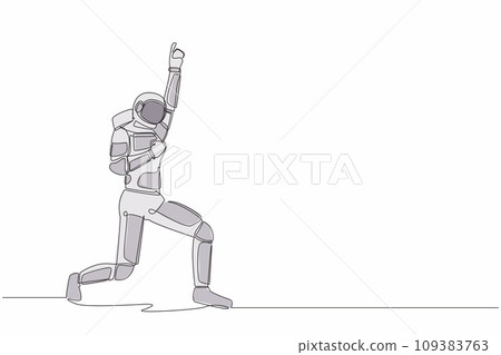 Continuous one line drawing happy astronaut standing with raise one hand and the other hand pose yes. Successful in space company. Cosmonaut outer space. Single line graphic design vector illustration 109383763