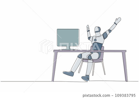 Single one line drawing happy robot sitting with raised hands near desk with computer. Artificial intelligence. Electronic technology industry. Continuous line draw graphic design vector illustration Single one line drawing happy robot sitting with raised hands near desk with computer. Artificial intelligence. Electronic technology industry. Continuous line draw graphic design vector illustration 109383795