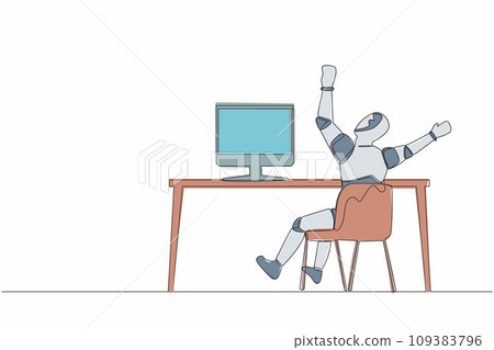 Continuous one line drawing back view of happy robot completed task and triumphing with raised hands on desk. Humanoid cybernetic organism. Future robotic. Single line draw design vector illustration 109383796