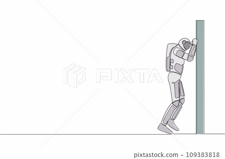 Continuous one line drawing of astronaut depressed with wailing on the wall, crying sad lost opportunity in spacecraft expedition. Cosmonaut outer space. Single line graphic design vector illustration 109383818