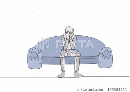 Single one line drawing astronaut sitting on couch with cover his face, feeling guilty due to wormhole exploration failure. Cosmic galaxy space. Continuous line draw graphic design vector illustration 109383821