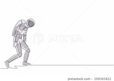 Continuous one line drawing sadness young astronaut bowed down. Having mental pressure or stress after spacecraft expedition. Cosmonaut outer space. Single line draw graphic design vector illustration 109383822