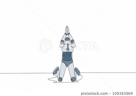 Single one line drawing robot kneeling and pray. Loss money, economy crisis, bankrupt, depressed. Robotic artificial intelligence. Technology industry. Continuous line draw design vector illustration 109383869